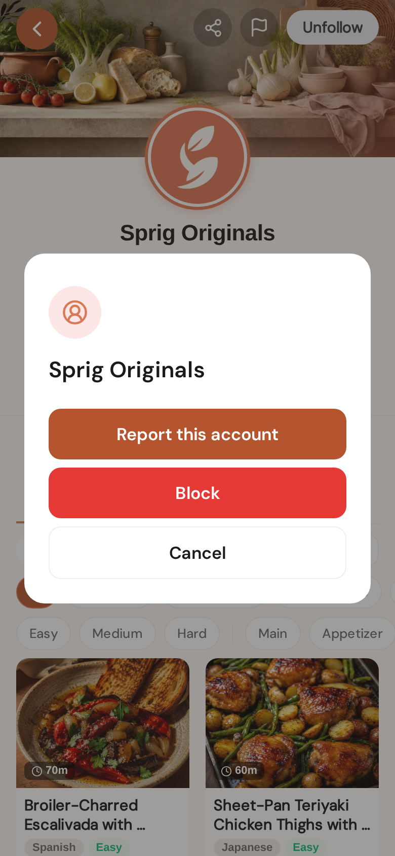 The flag on a profile — report the account, or block it