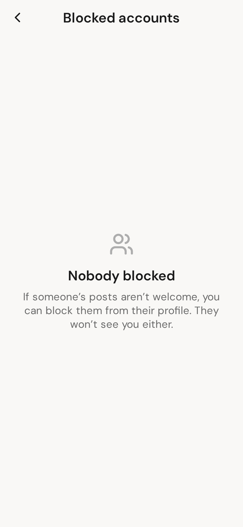 Blocked Accounts, on the You page — everyone you've blocked, and one tap to undo it