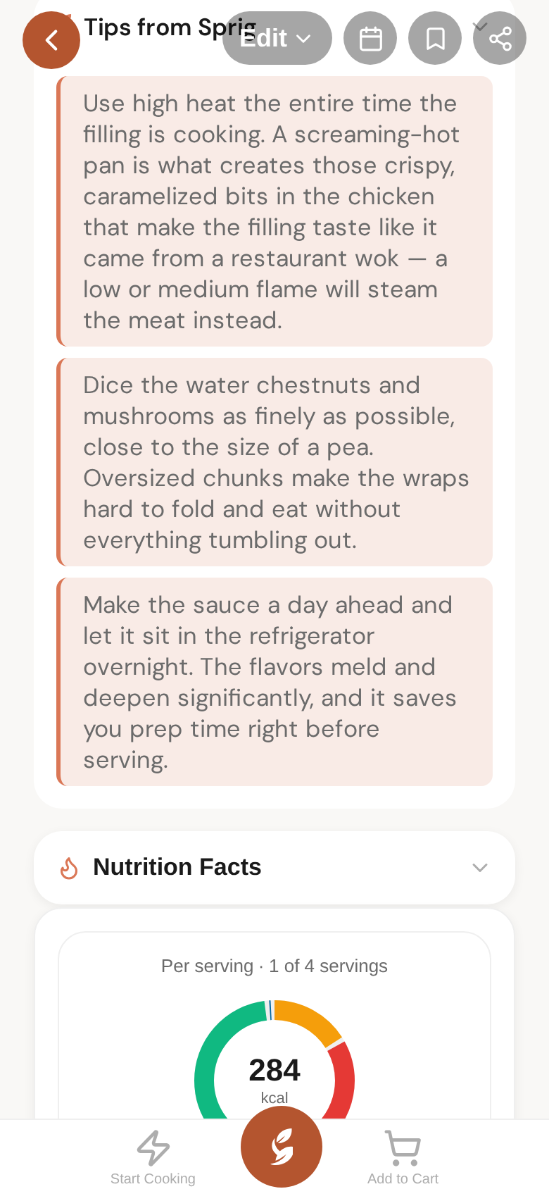 Tips from Sprig — opened up, right above your nutrition, rating and notes