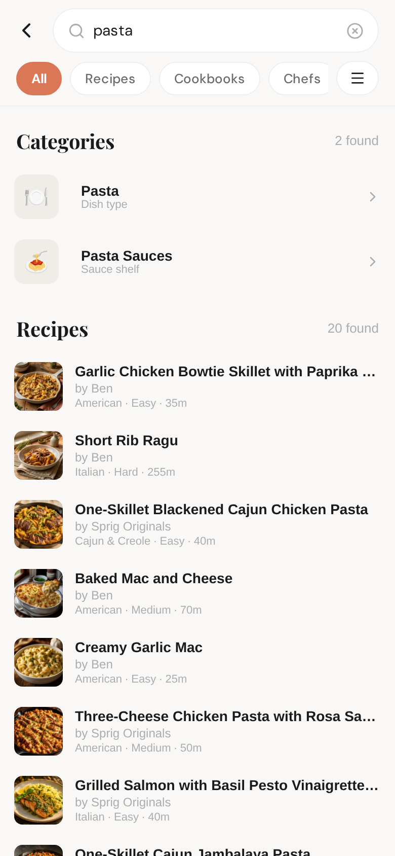 Search the community — matching categories first, then every recipe that fits