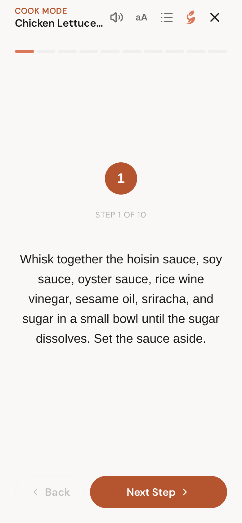 Cook mode — one step at a time, with that step's ingredients right beside it