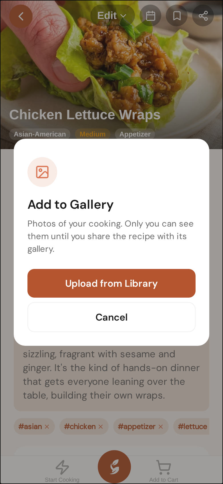 Add to Gallery, in the photo menu — your own photos, private until you share the recipe