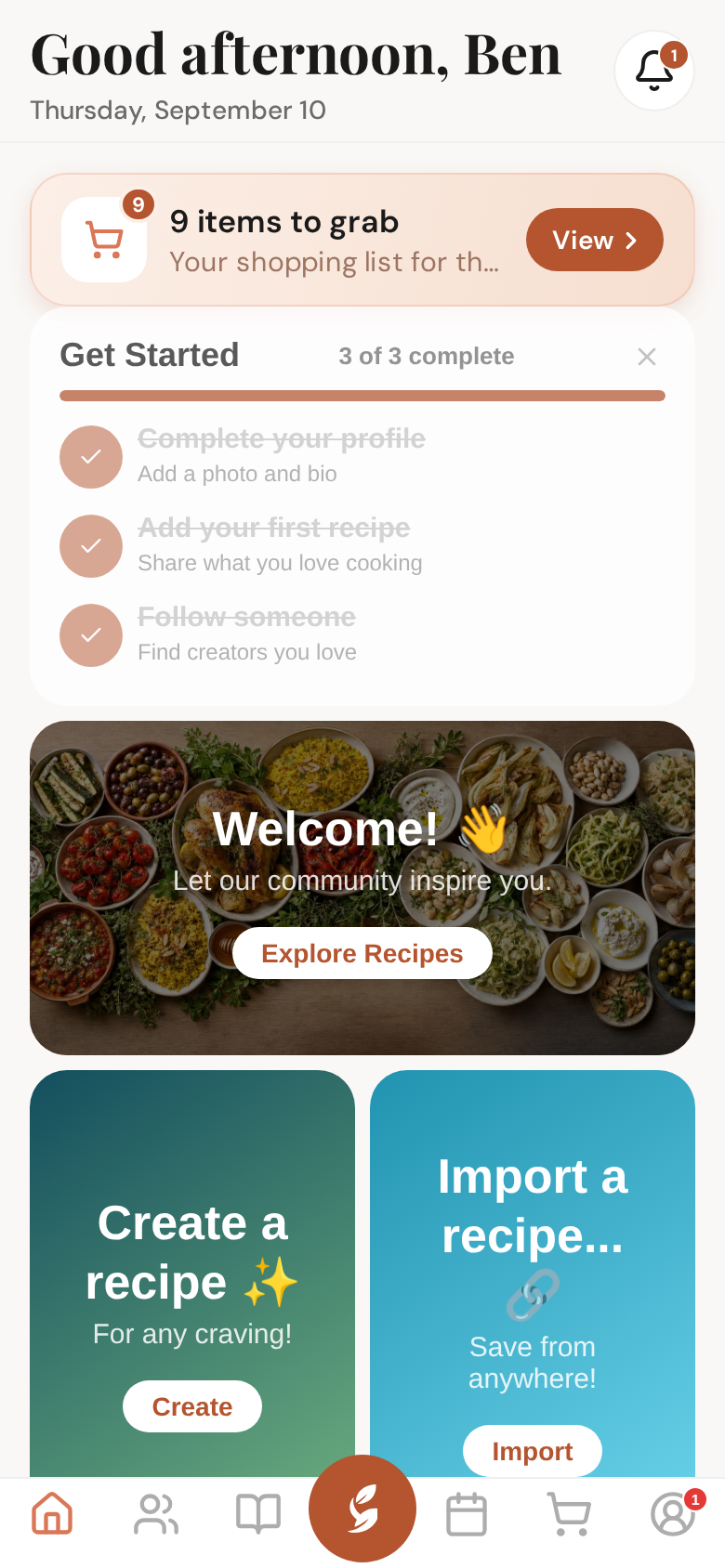 Then Sprig sets you three things to do first — your profile, your first recipe, someone to follow