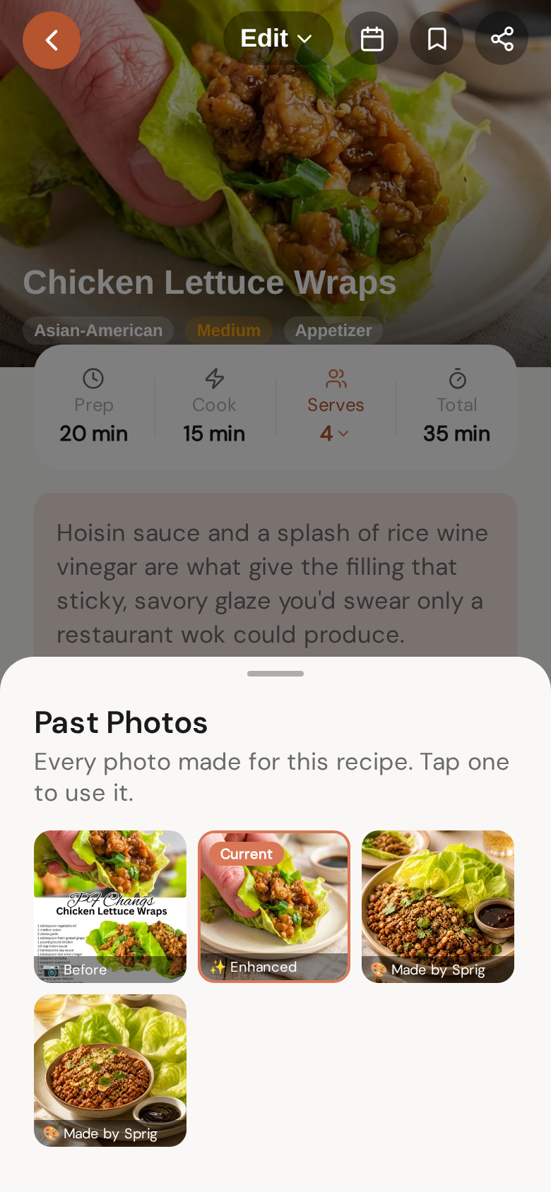 Past Photos — every photo this recipe has ever had, one tap to bring one back