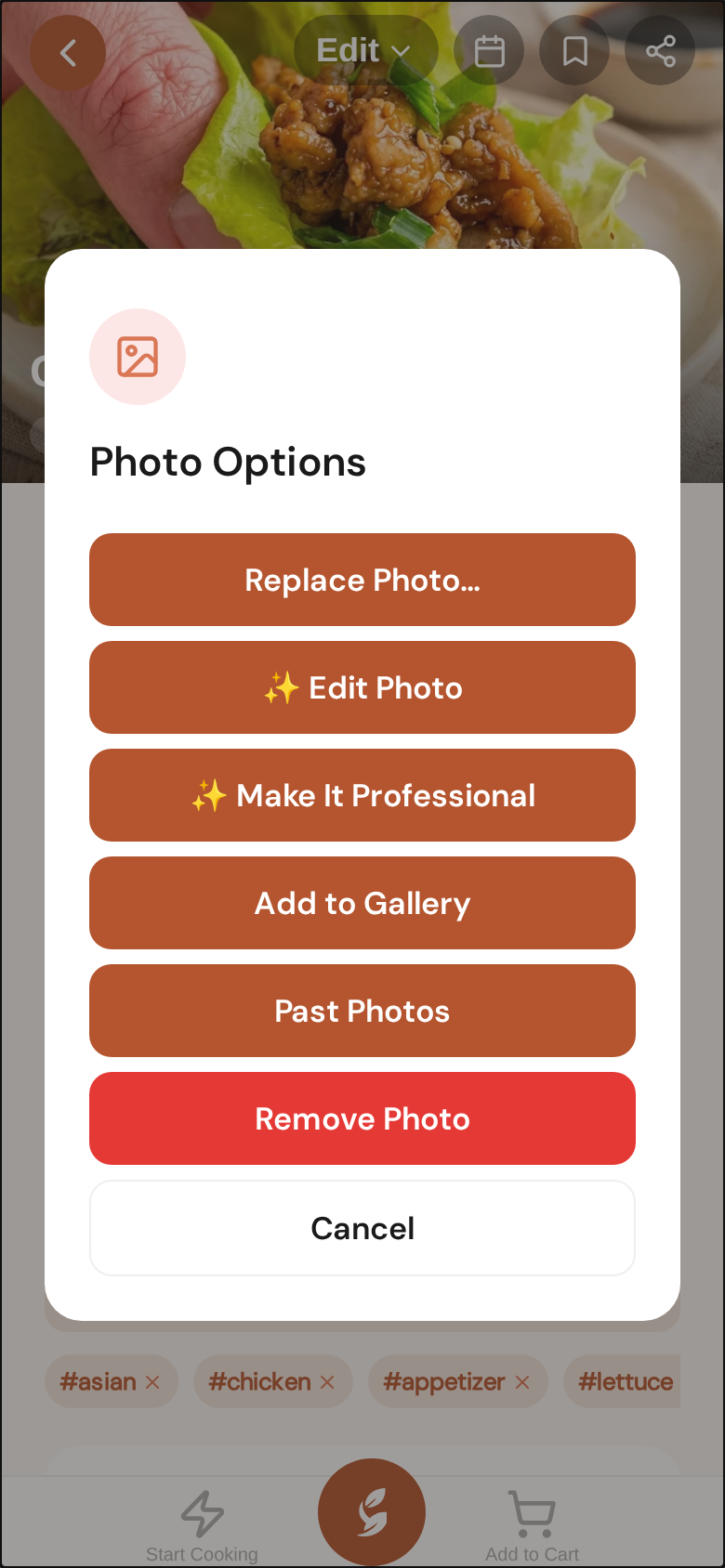 Photo options — replace it, edit it with words, make it professional, add to the gallery, or bring back a past photo
