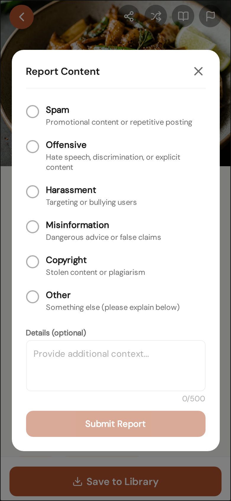 Report Content — on any recipe, photo or profile that isn't yours