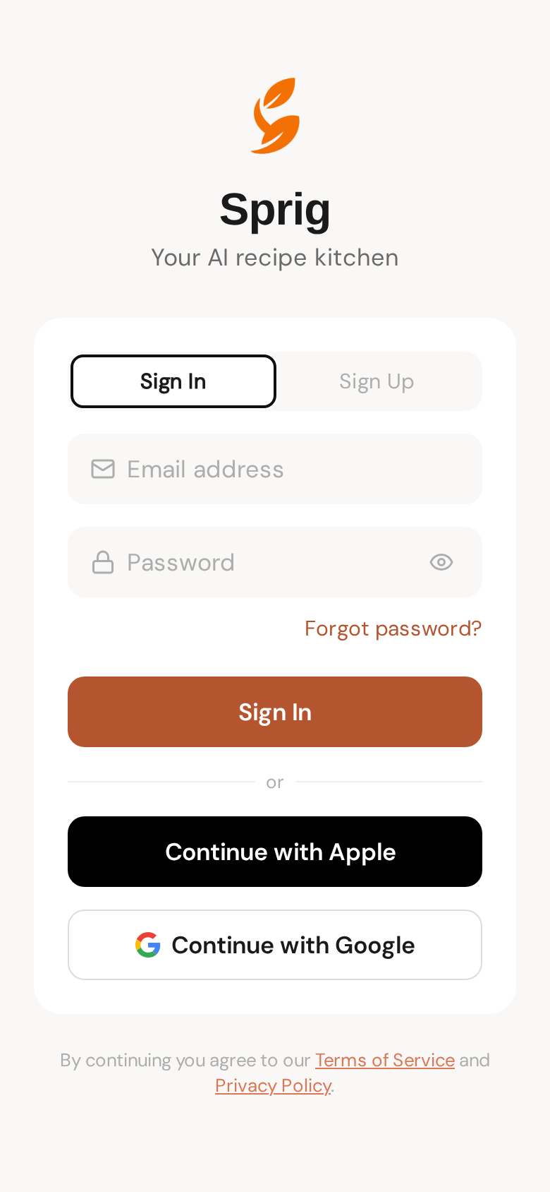 Create your account — email, Google, or Apple all work