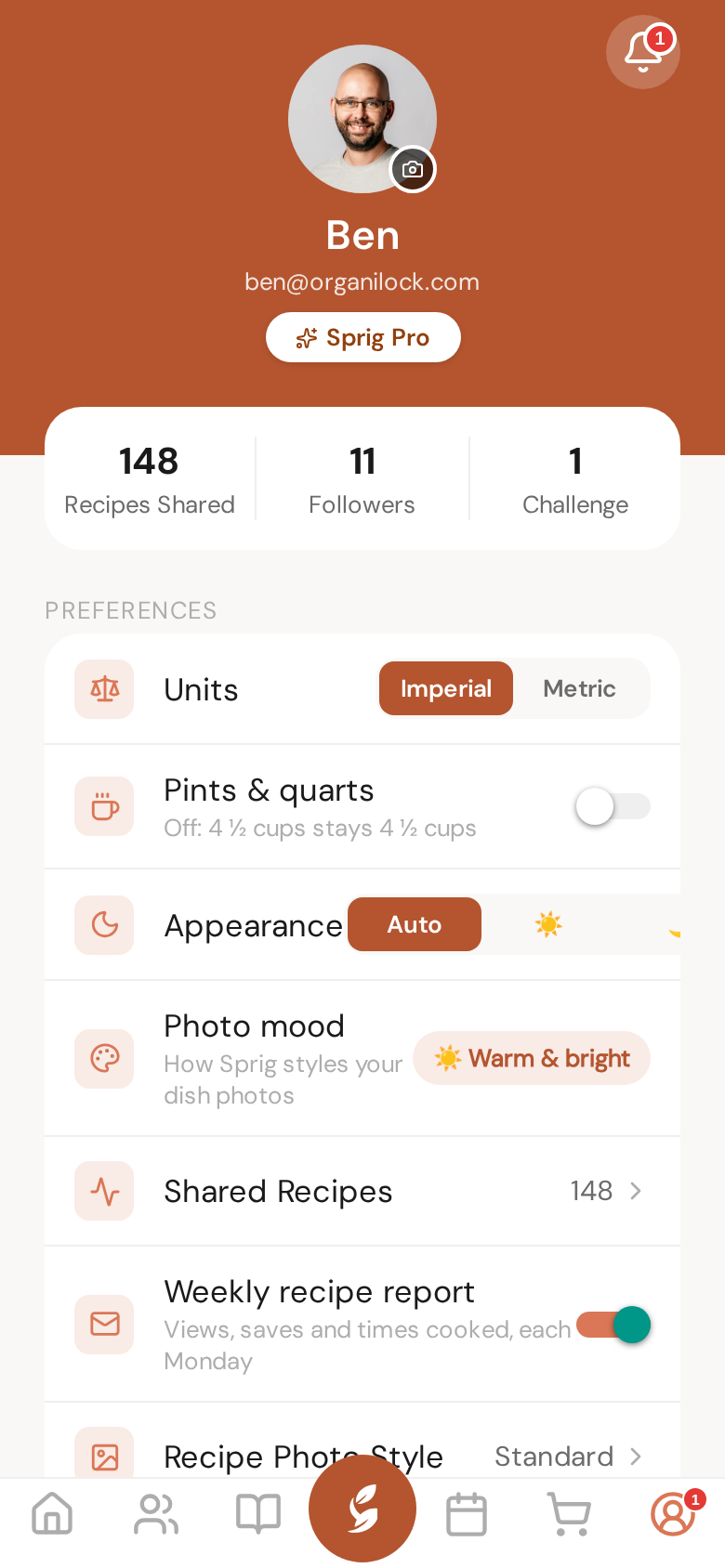 The You page — units, appearance, photo mood and every preference in one place