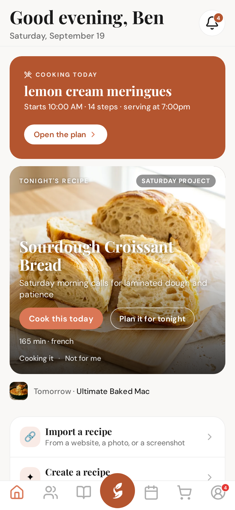 Home — Tonight's Plan and Today's Recipe up top, create and explore below