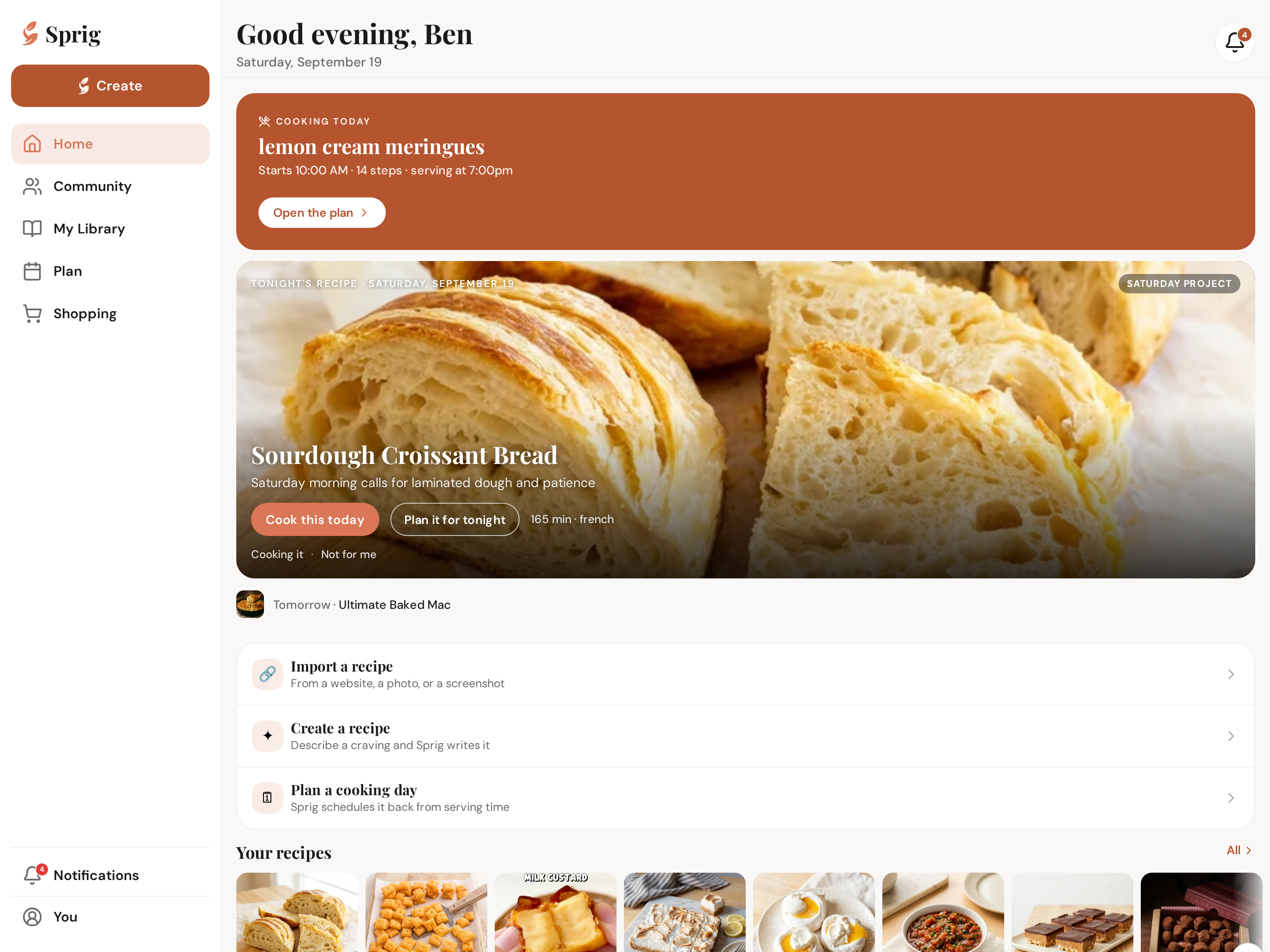 Sprig on an iPad, landscape — the menu down the side, your kitchen in the middle