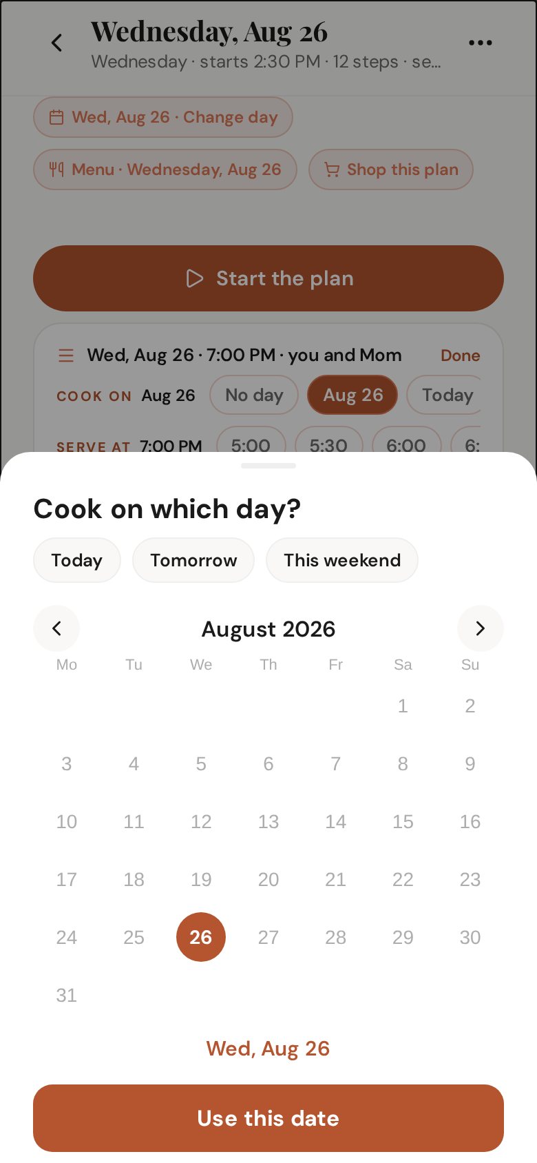 Any day: Pick a date… opens a month you can page ahead; Other time… takes any quarter hour