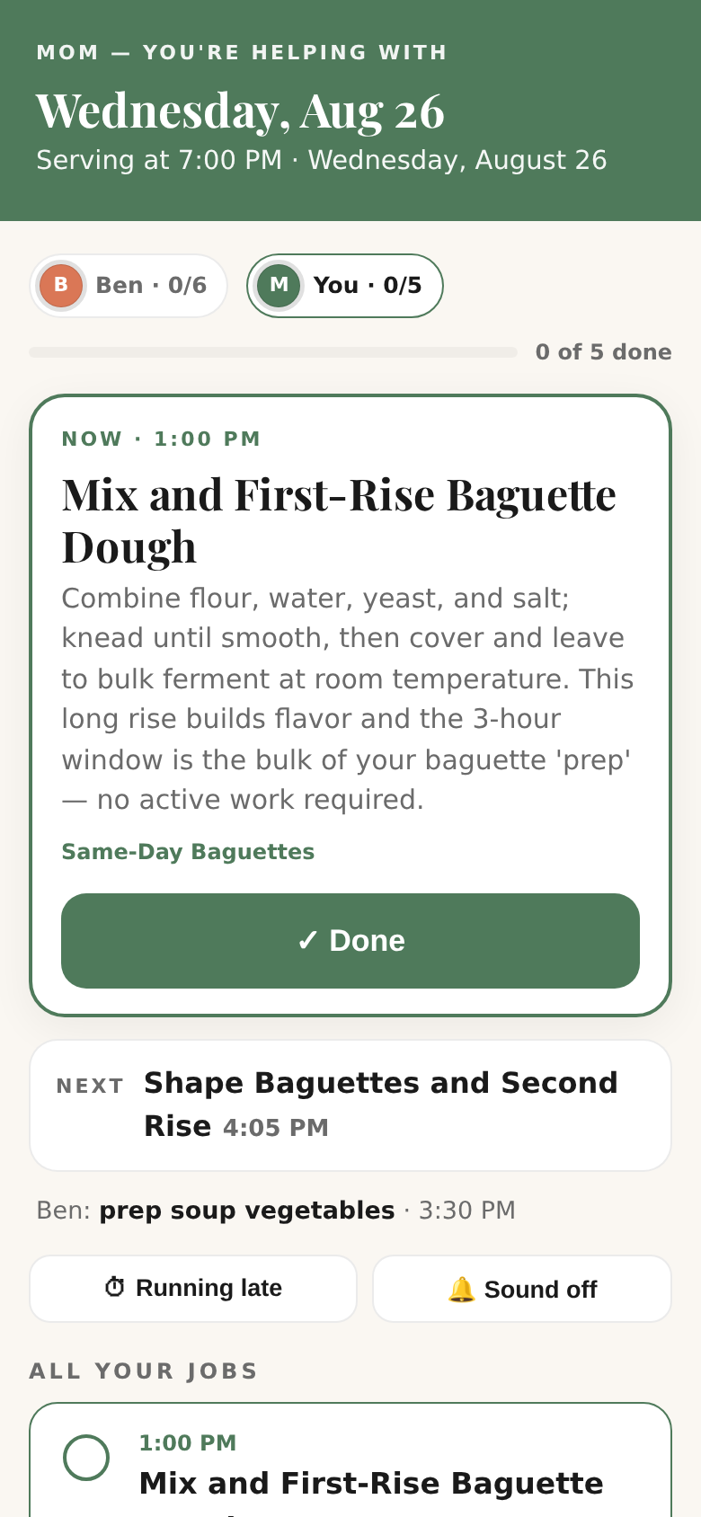 A helper's page — no app, no account: now, next, Done, Running late