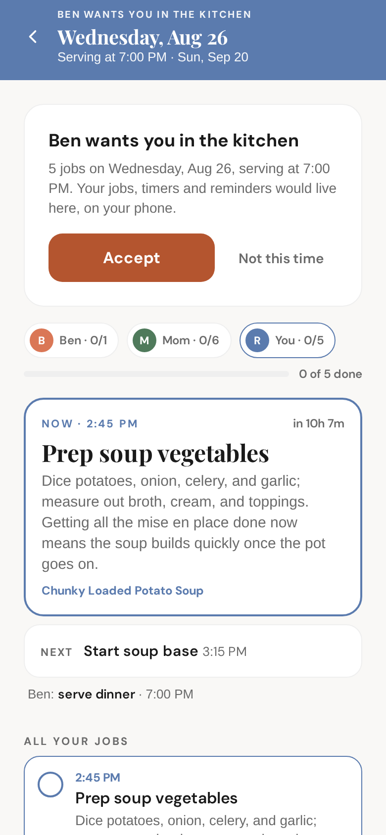 A friend with Sprig gets the invite in the app — Accept, and their jobs live on their phone