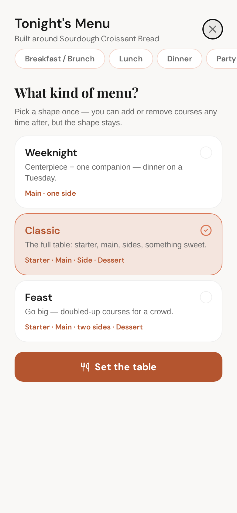 The first time, Sprig asks what kind of menu — and then keeps that shape