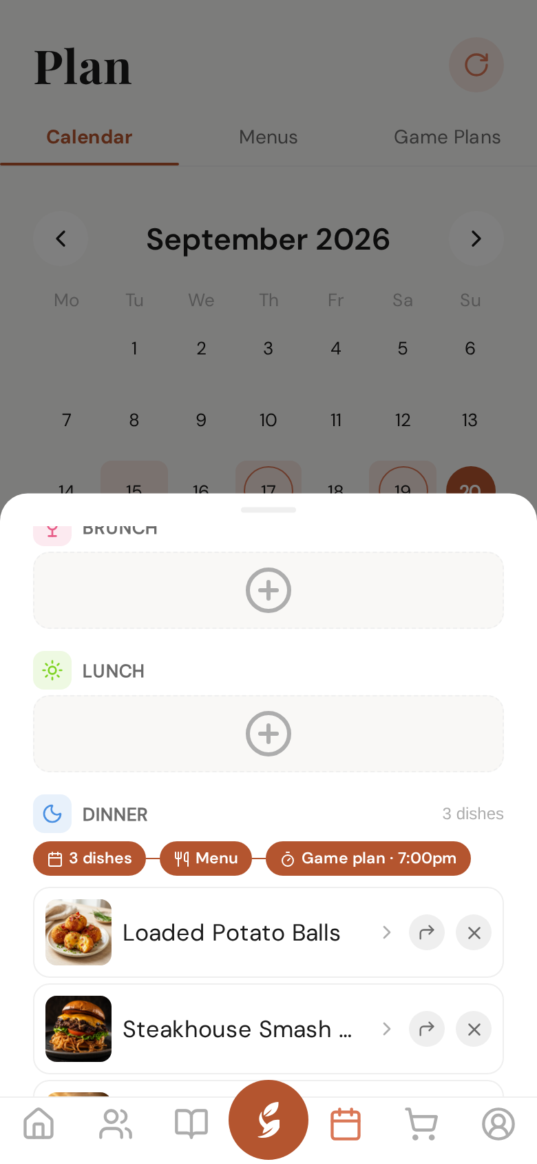 A day's dinner with its trail: Dishes · Menu · Game plan
