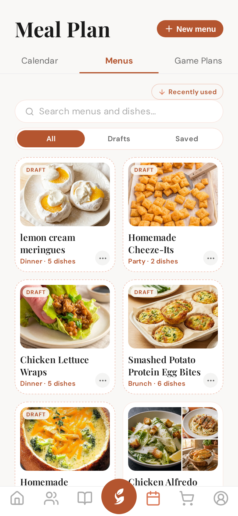 Your menus, each with its day and its game plan as chips