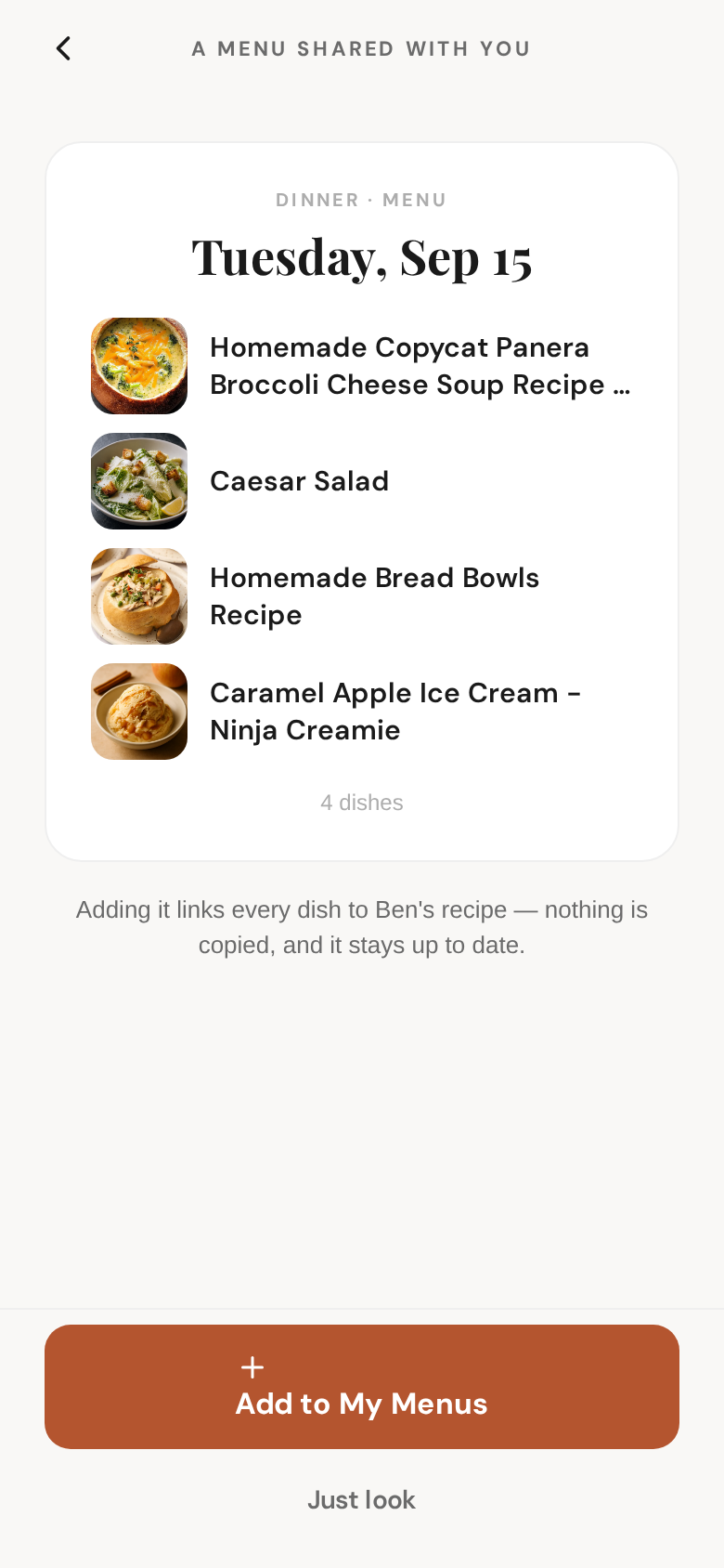 A menu link opens to a preview — Add to My Menus, or just look