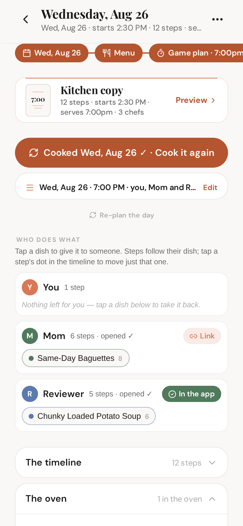 The Game Plan — settings in one line, the timeline open, every step with its chef