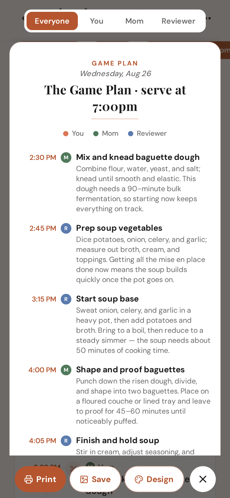 The kitchen copy — beside the plan on a wide screen, a tap away on a phone; switch it to a helper's list before you send it
