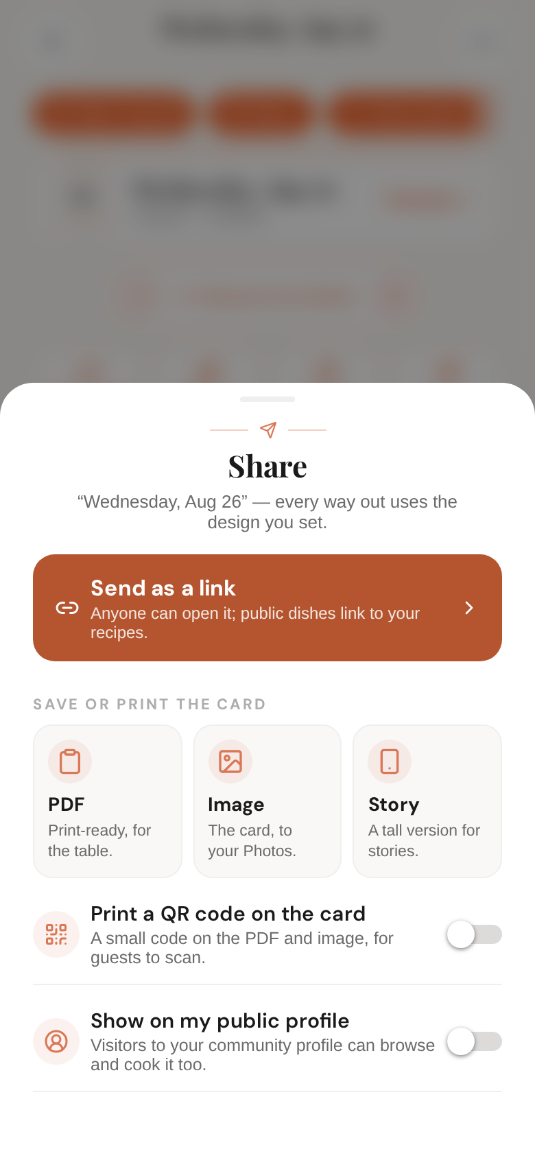 Share — the link first, then PDF, Image and Story, a QR code and your public profile