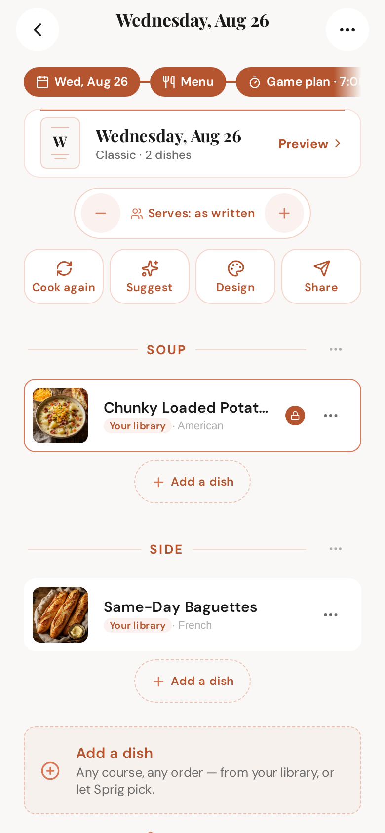 The trail — calendar · menu · game plan — under a menu, all three filled