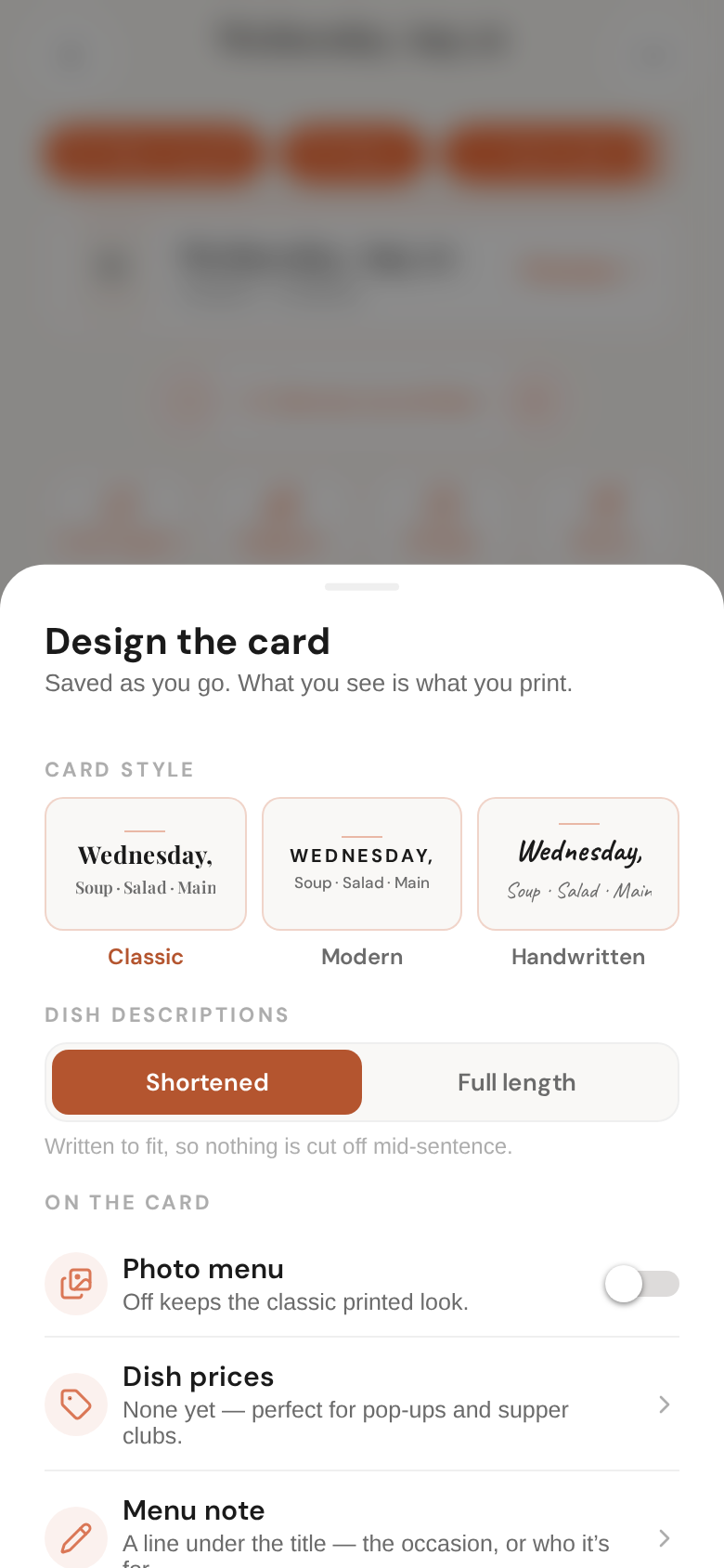 Design — pick a look by eye, add a note, a pairing, prices or photos; word the star key with one tap; Sprig branding on unless you switch it off