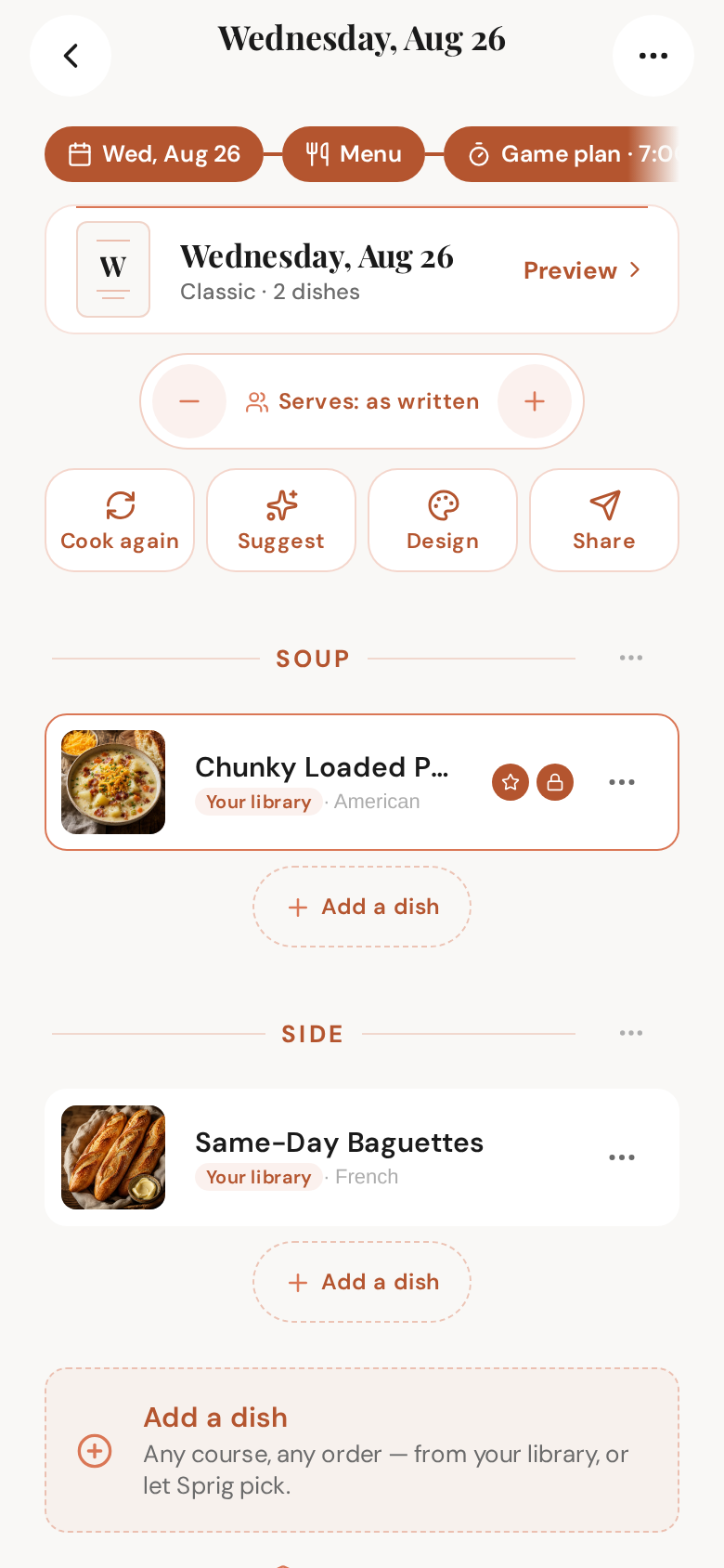 The menu page — trail, the card strip, Serves, four buttons, then your dishes; a starred dish wears a ★ badge, and each dish's ⋯ menu can star it