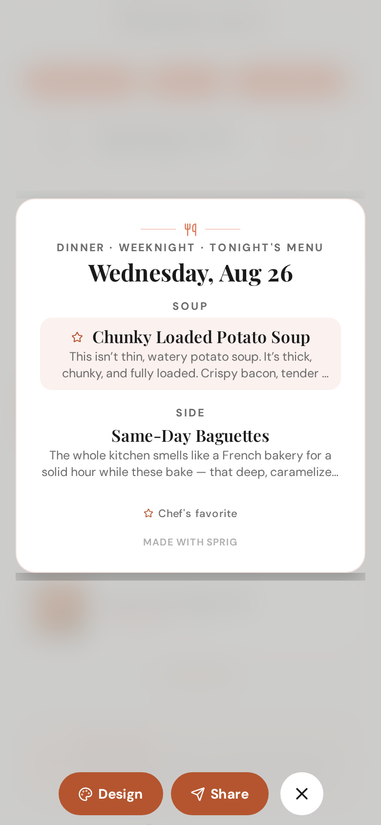 Preview — the printed card full size, a ★ by each starred dish and the key line at the foot, Design and Share below