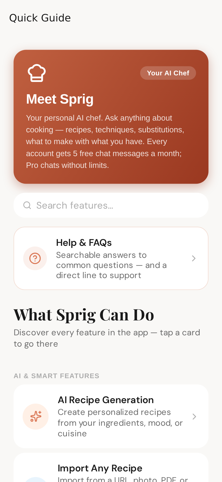 The Quick Guide screen — searchable, with guided tours