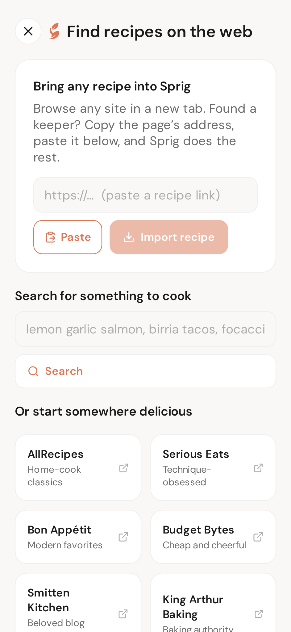 The web import screen — on your phone, Browse opens recipe sites inside Sprig, and Import lights up when it spots one