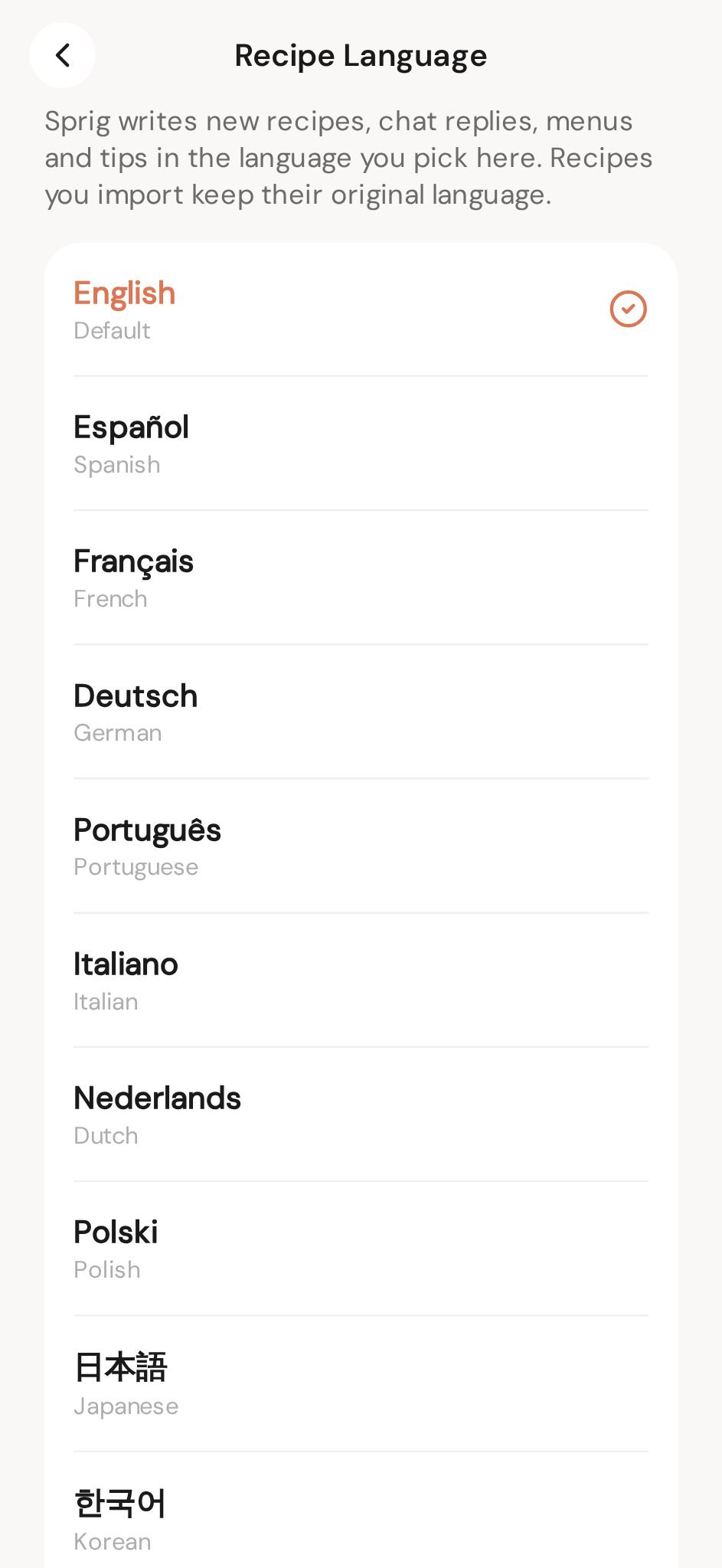 The recipe language picker