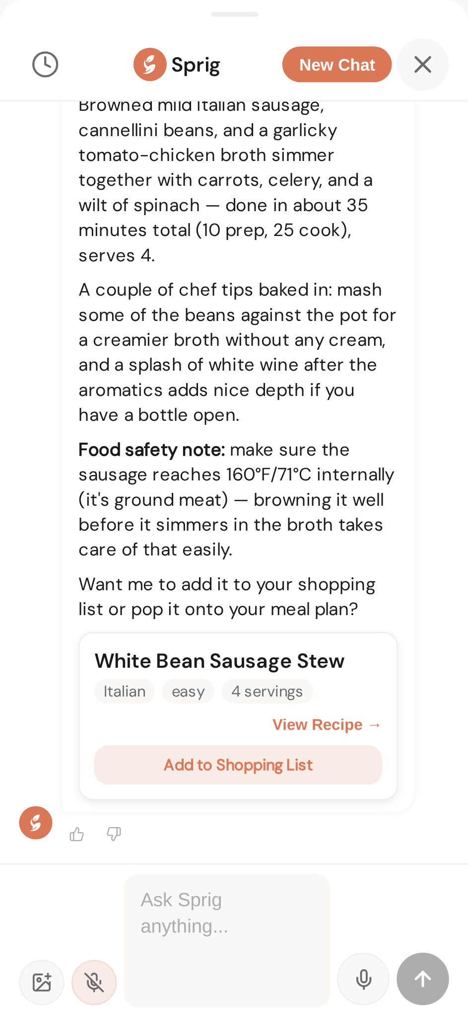 The recipe card appears right in the chat