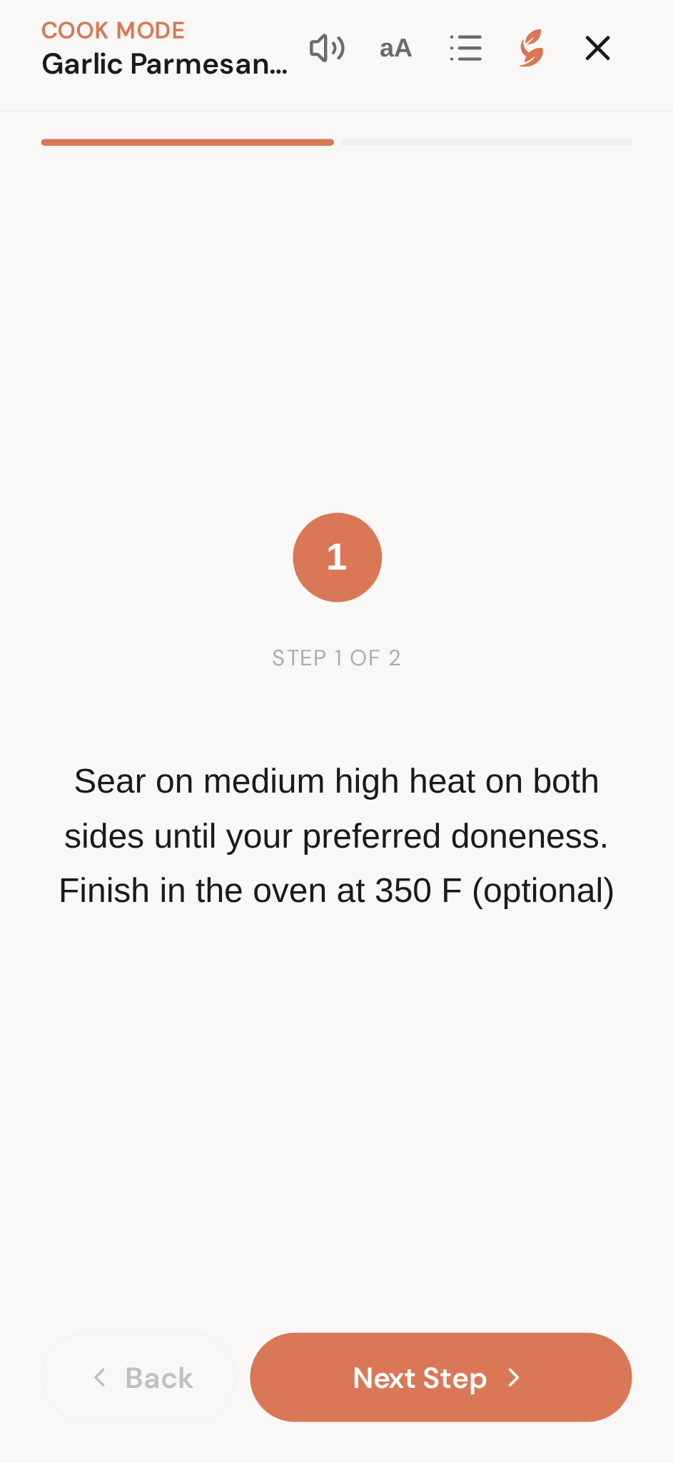 Cook mode — one step, big type, no scrolling with messy hands