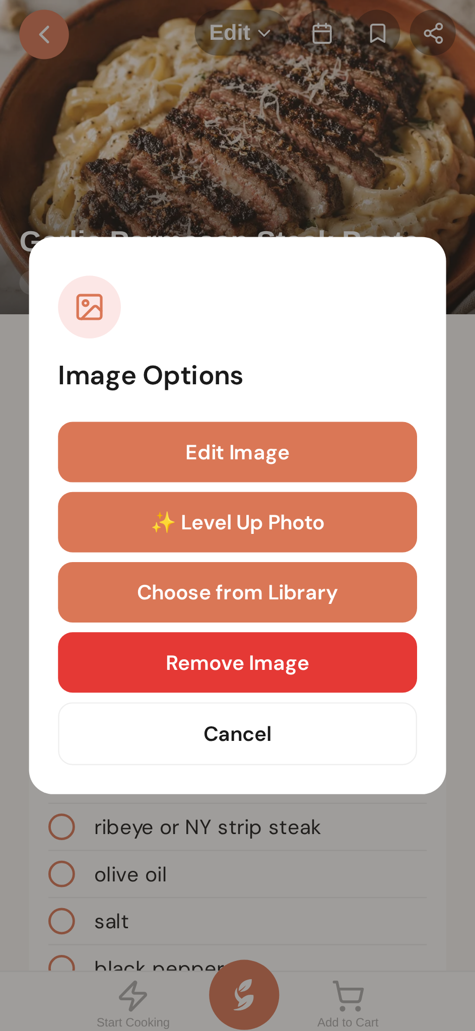Image options — edit, level up, replace, or regenerate