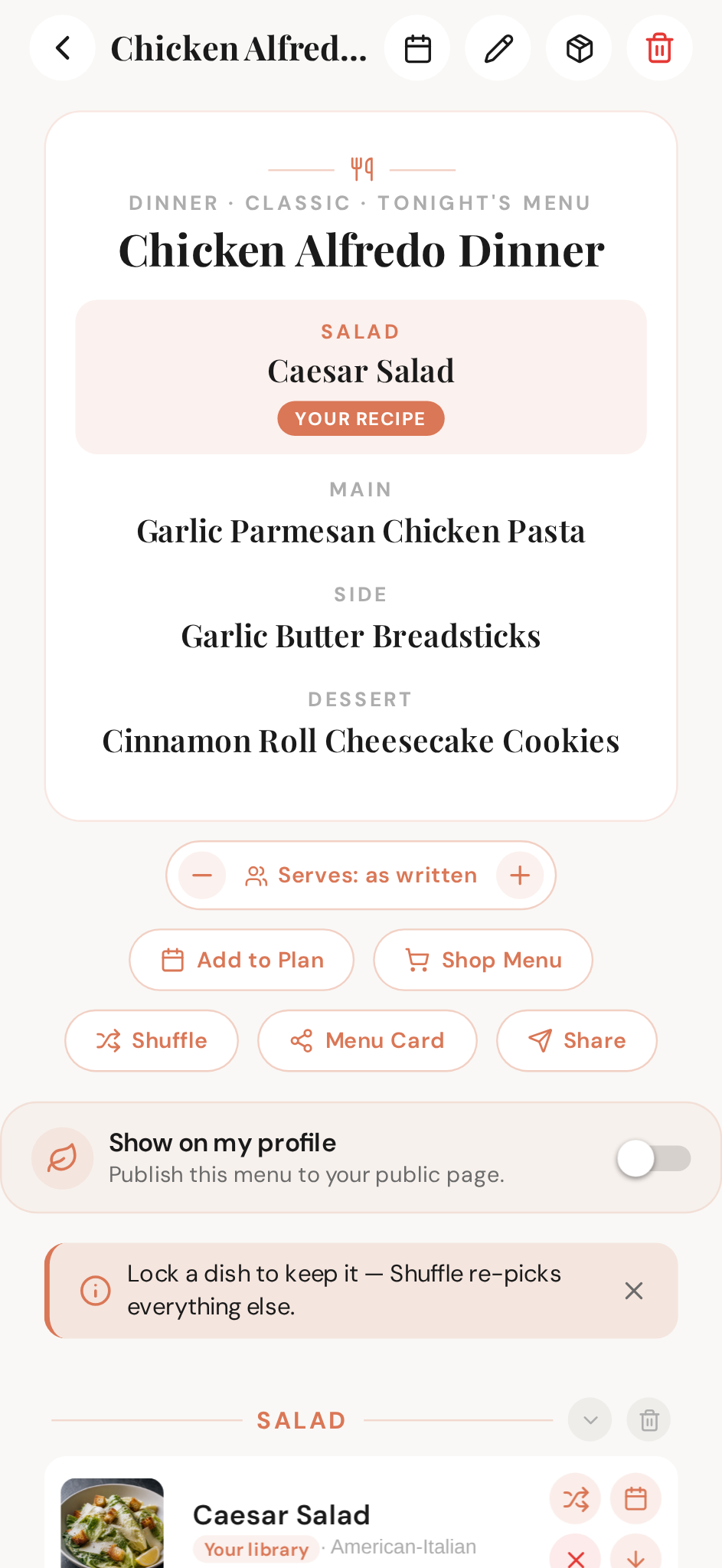A menu's detail page — courses, servings, actions
