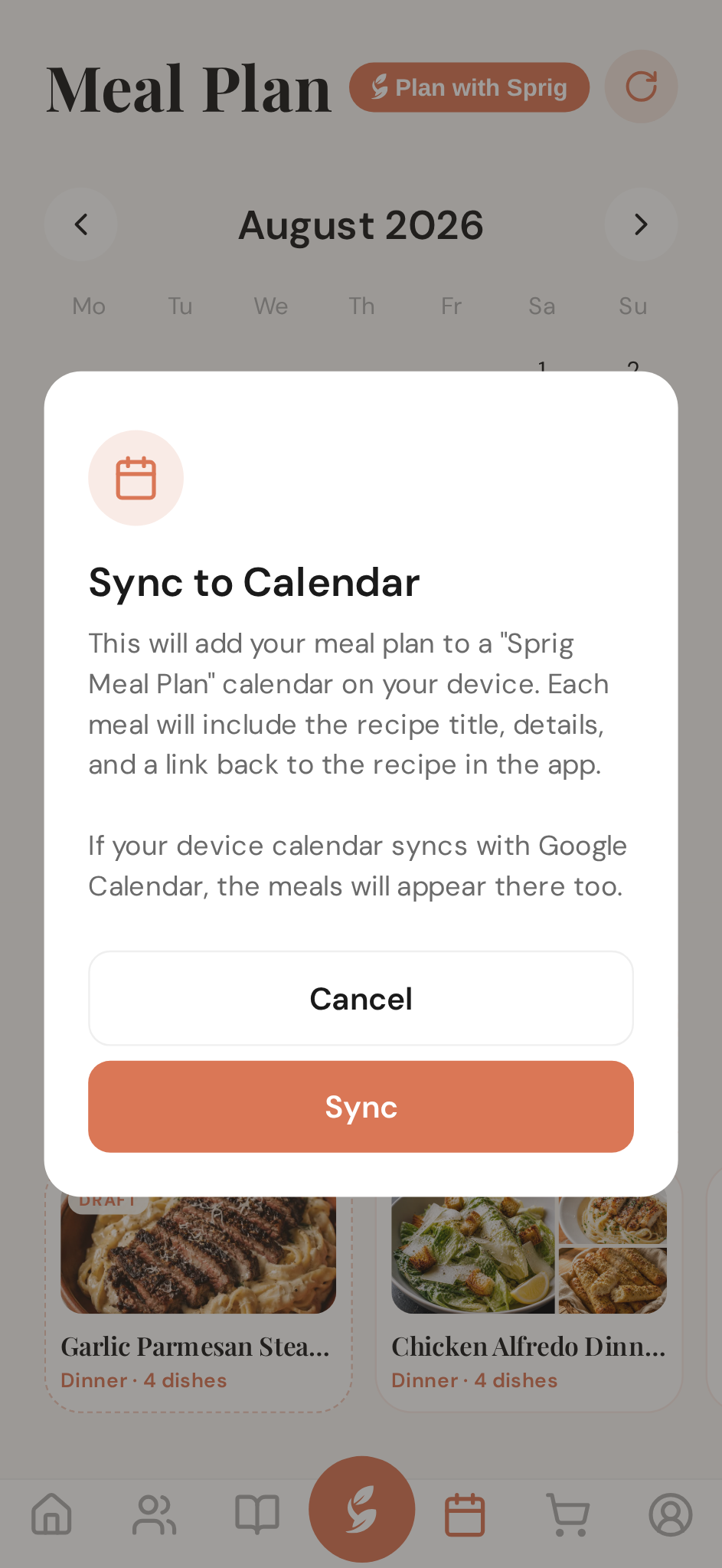 Confirm once — your dinners follow your calendar from then on