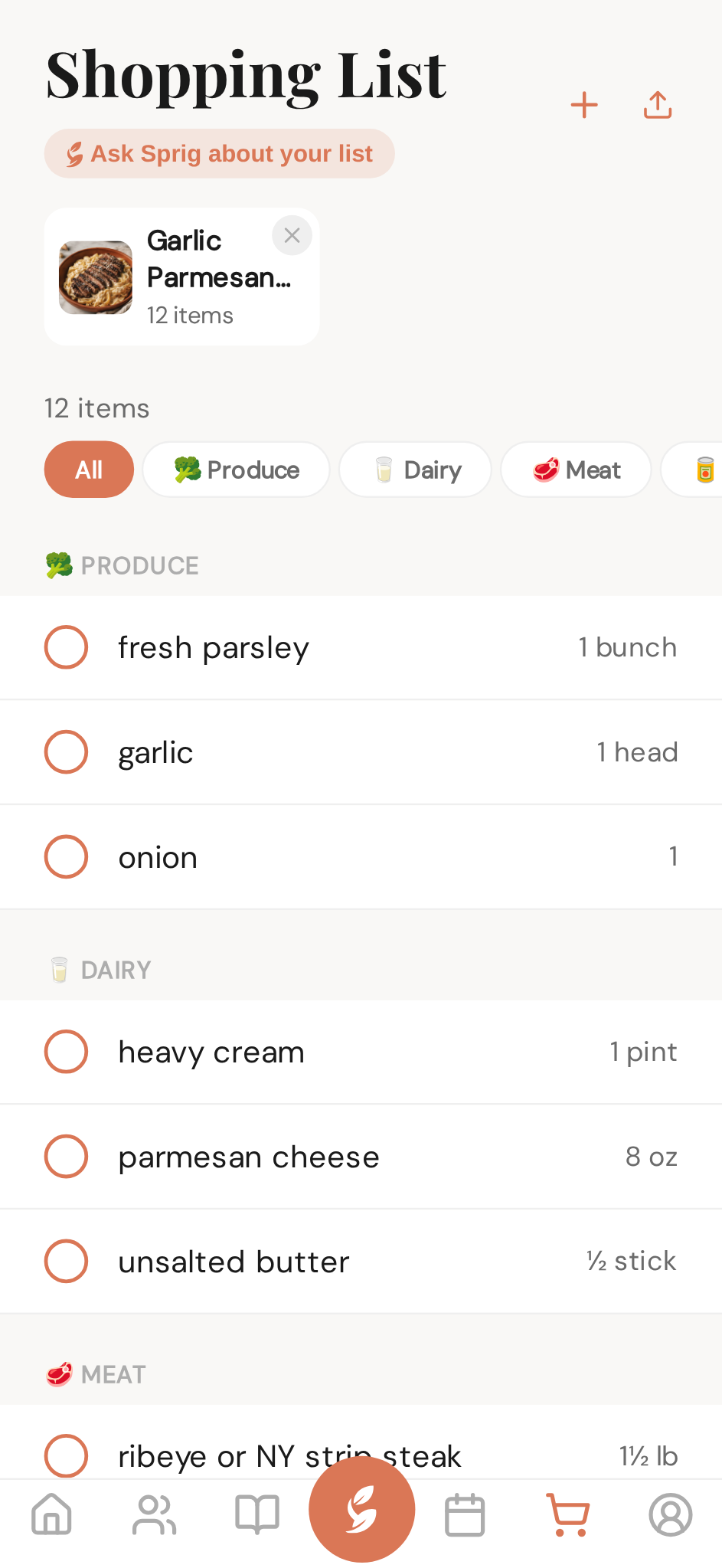 The list with a day's shopping, sorted by aisle