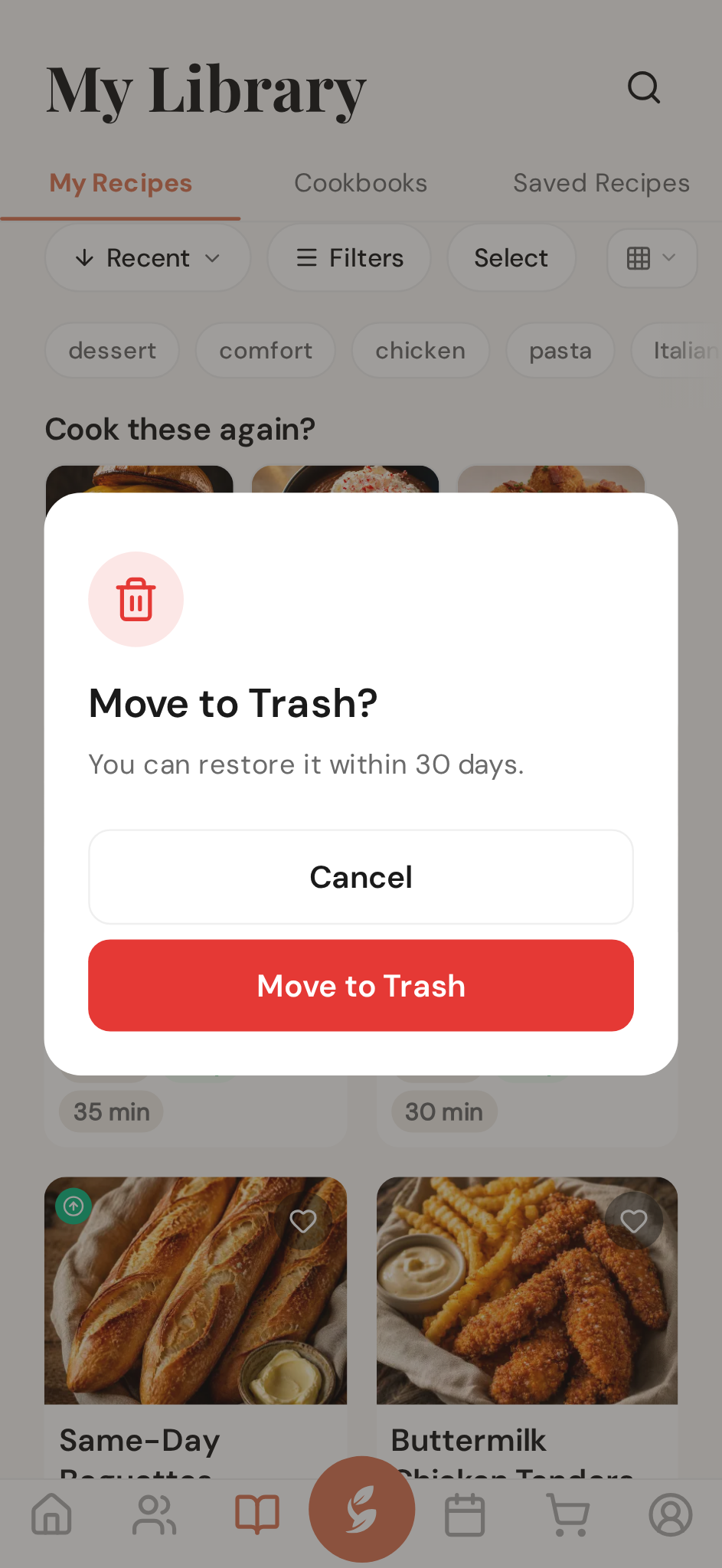 Move a recipe to the trash