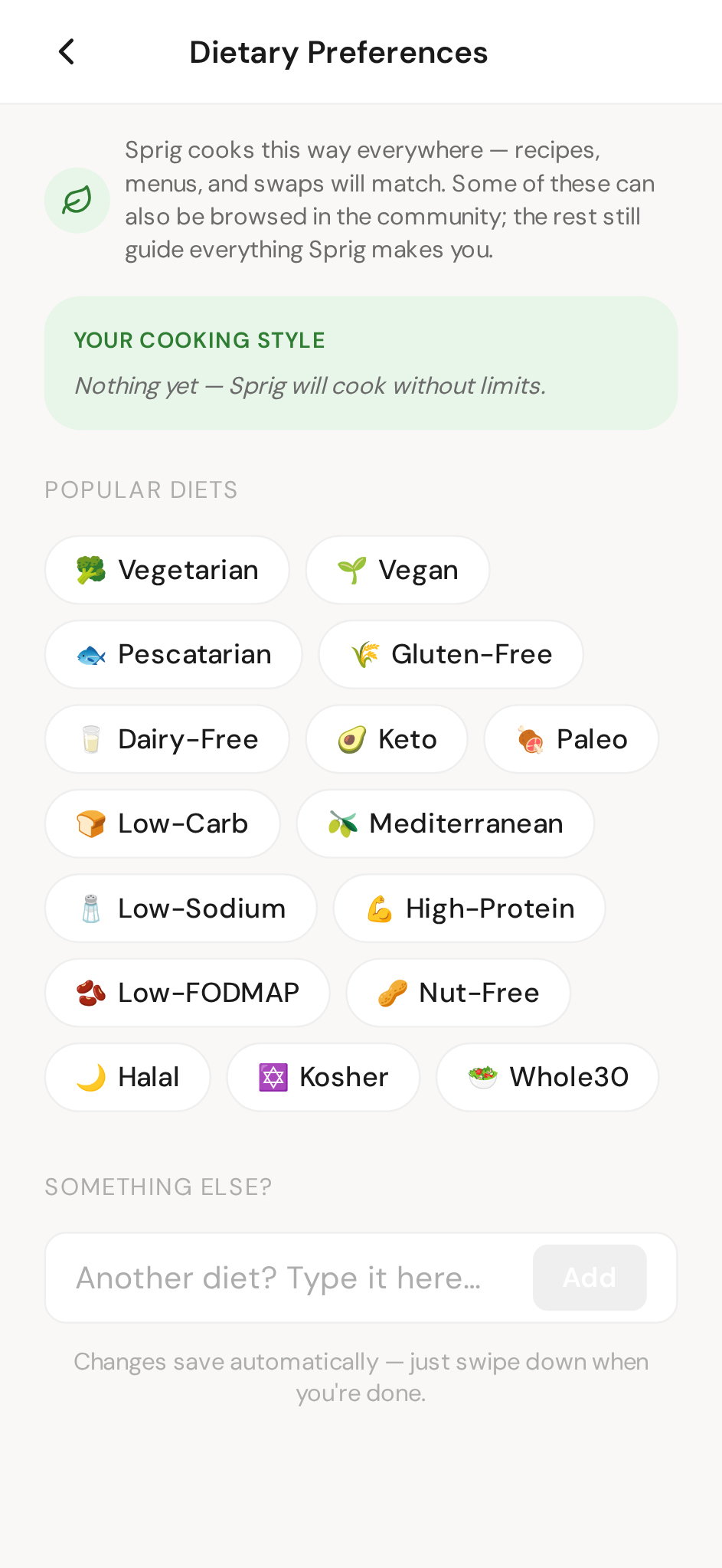 Dietary preferences settings