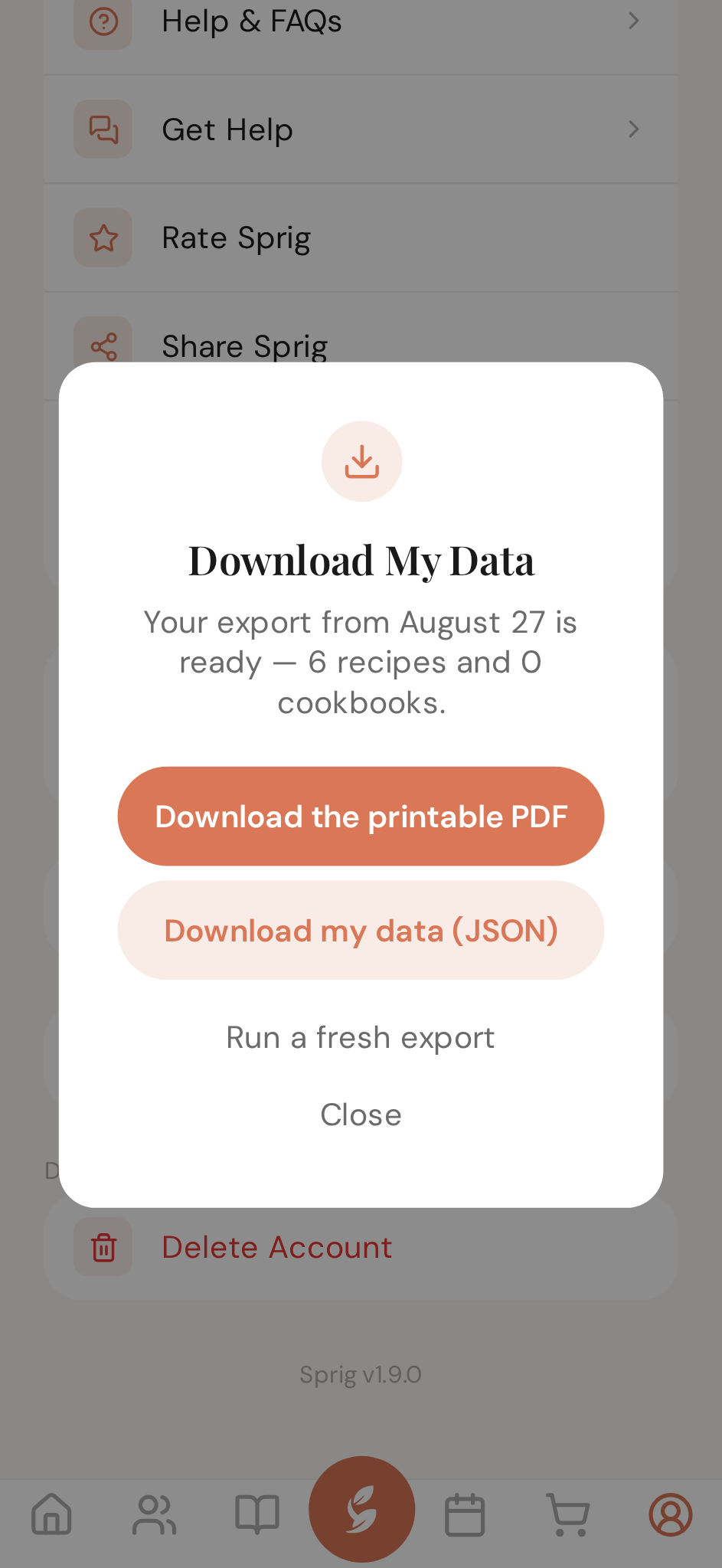 Your export, ready to download — the PDF and the data file, right in the app