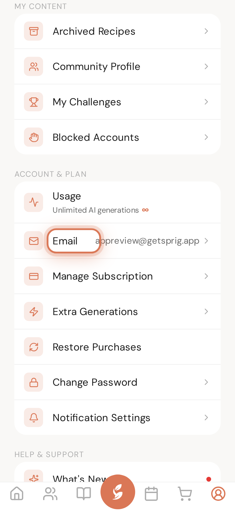 You page → Email — your current address lives here