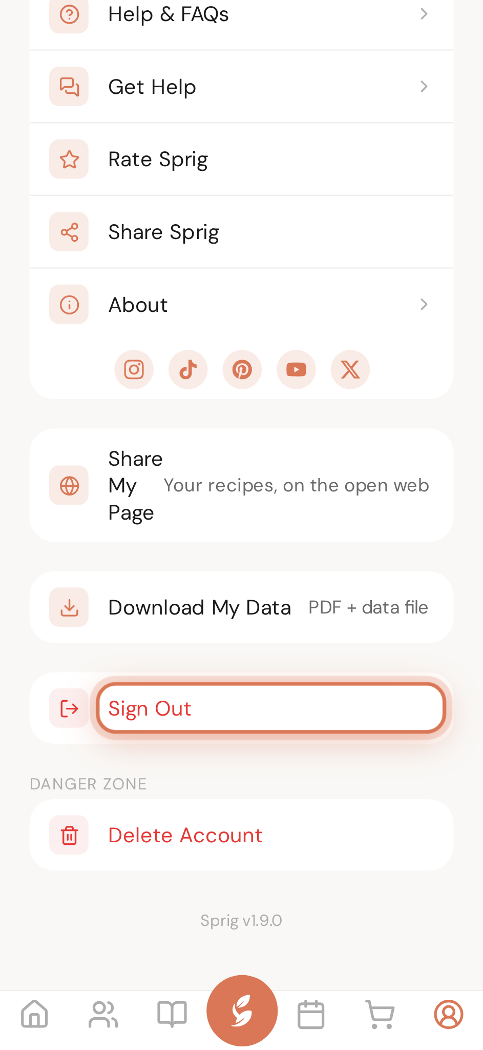 Sign Out — at the bottom of the You page