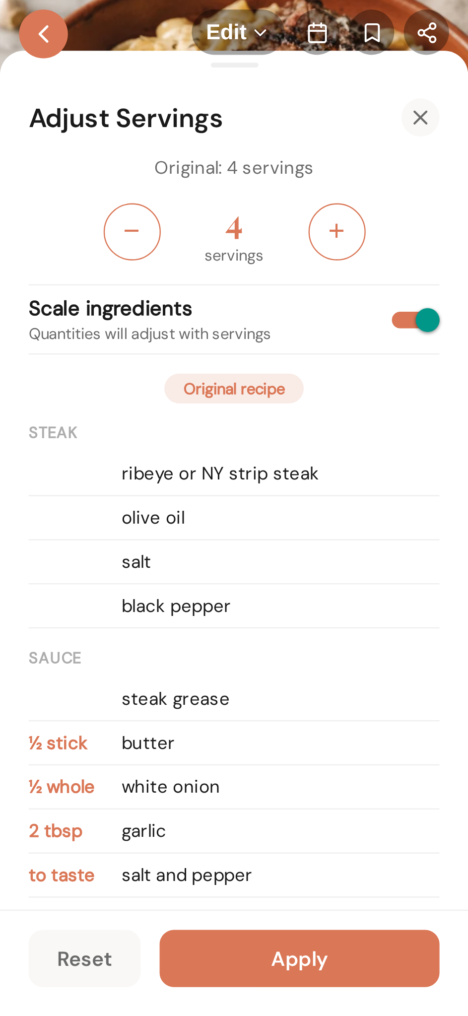 Open Serves — slide the count and every quantity follows, your original kept safe underneath