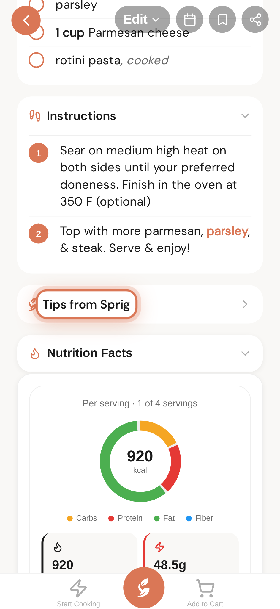 Tips from Sprig — right above your rating and notes