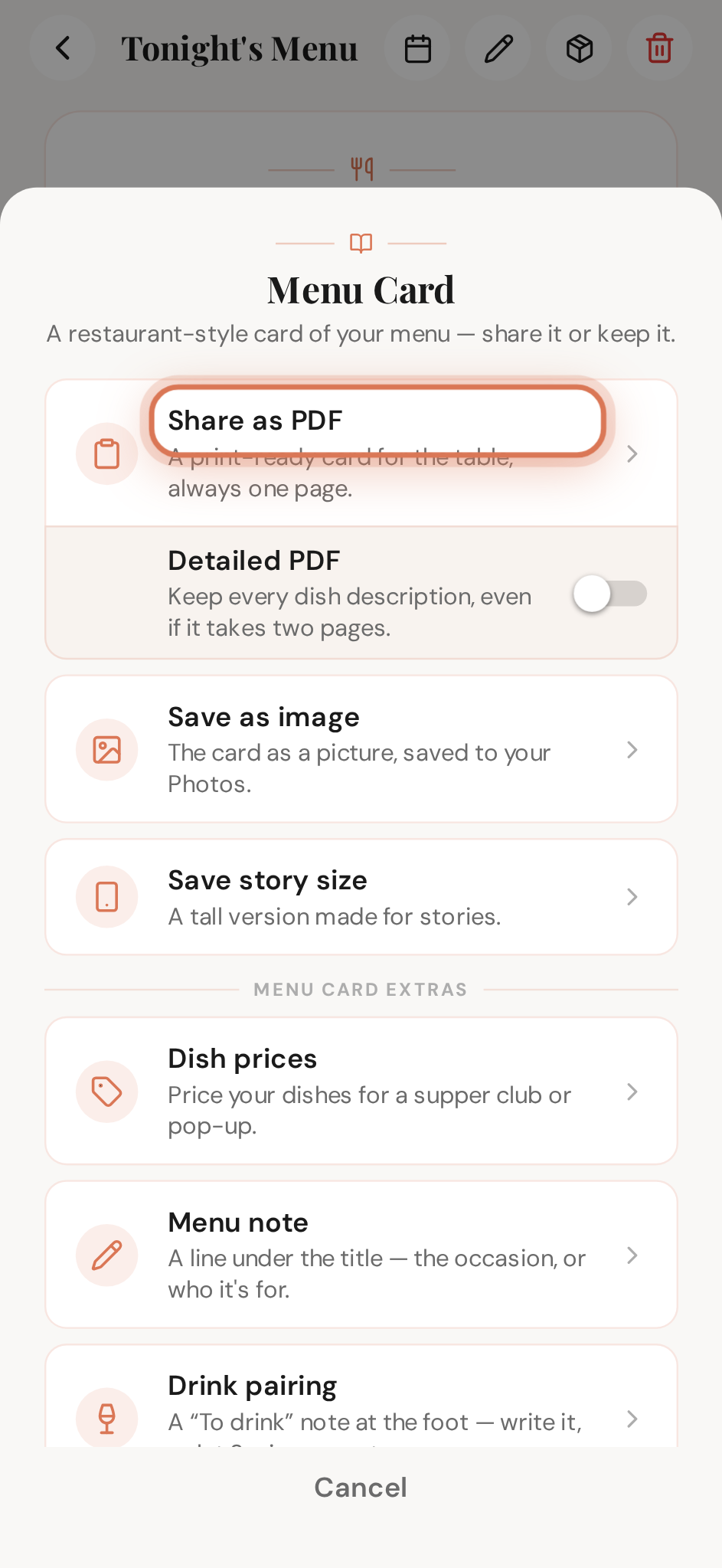 Share as PDF — save the file, print it, or send it to the family group chat