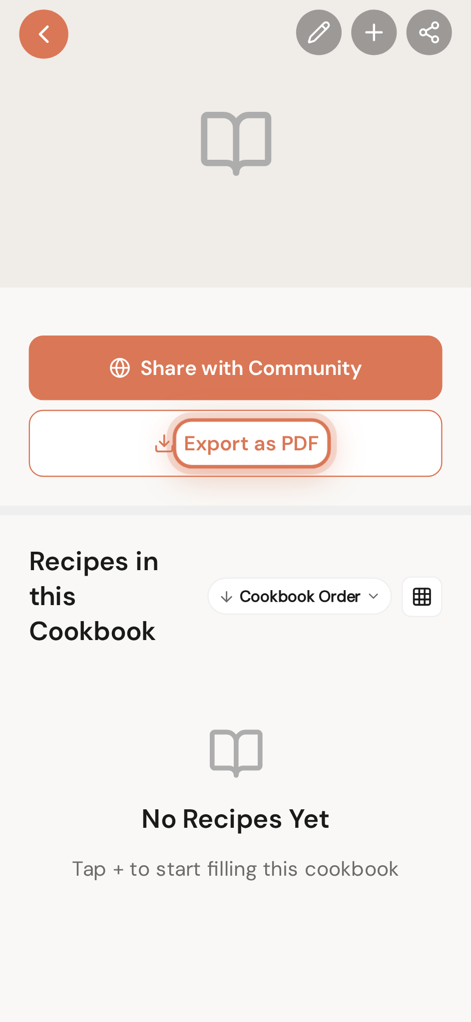 Open the cookbook — Export as PDF is right up top