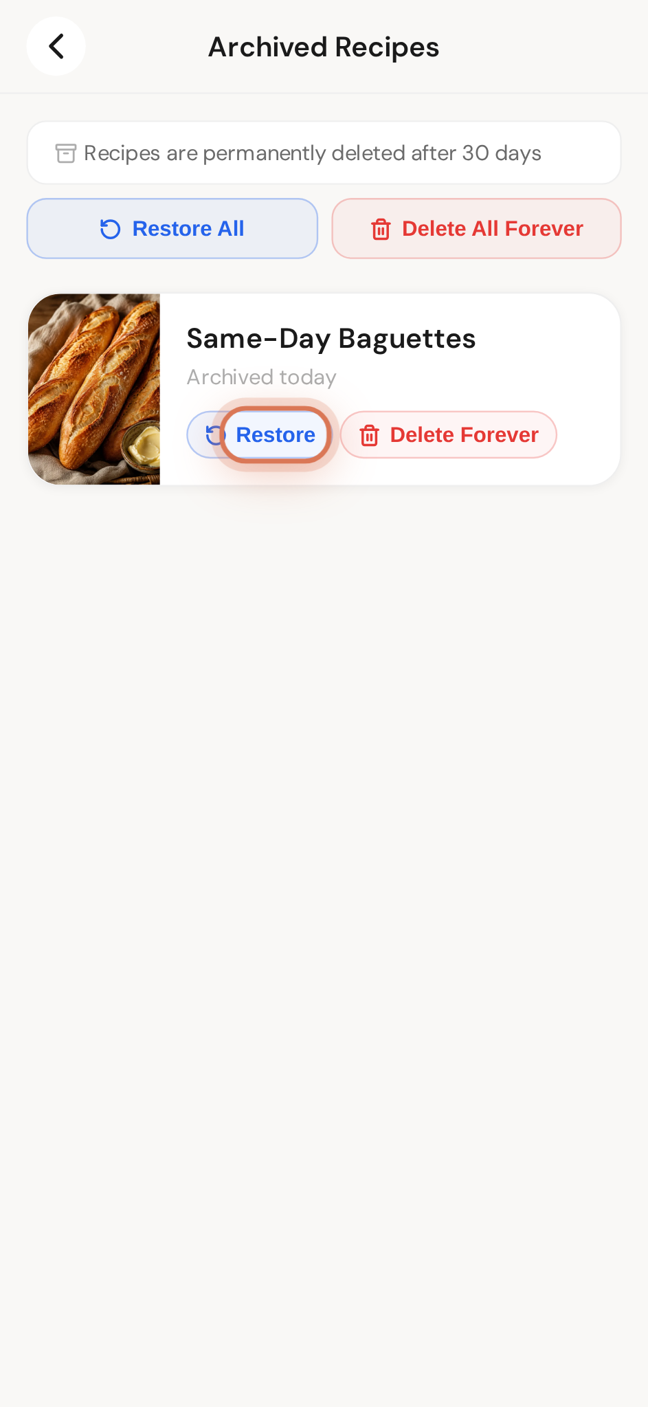Recently Deleted — everything waits 30 days, and Restore brings it straight back