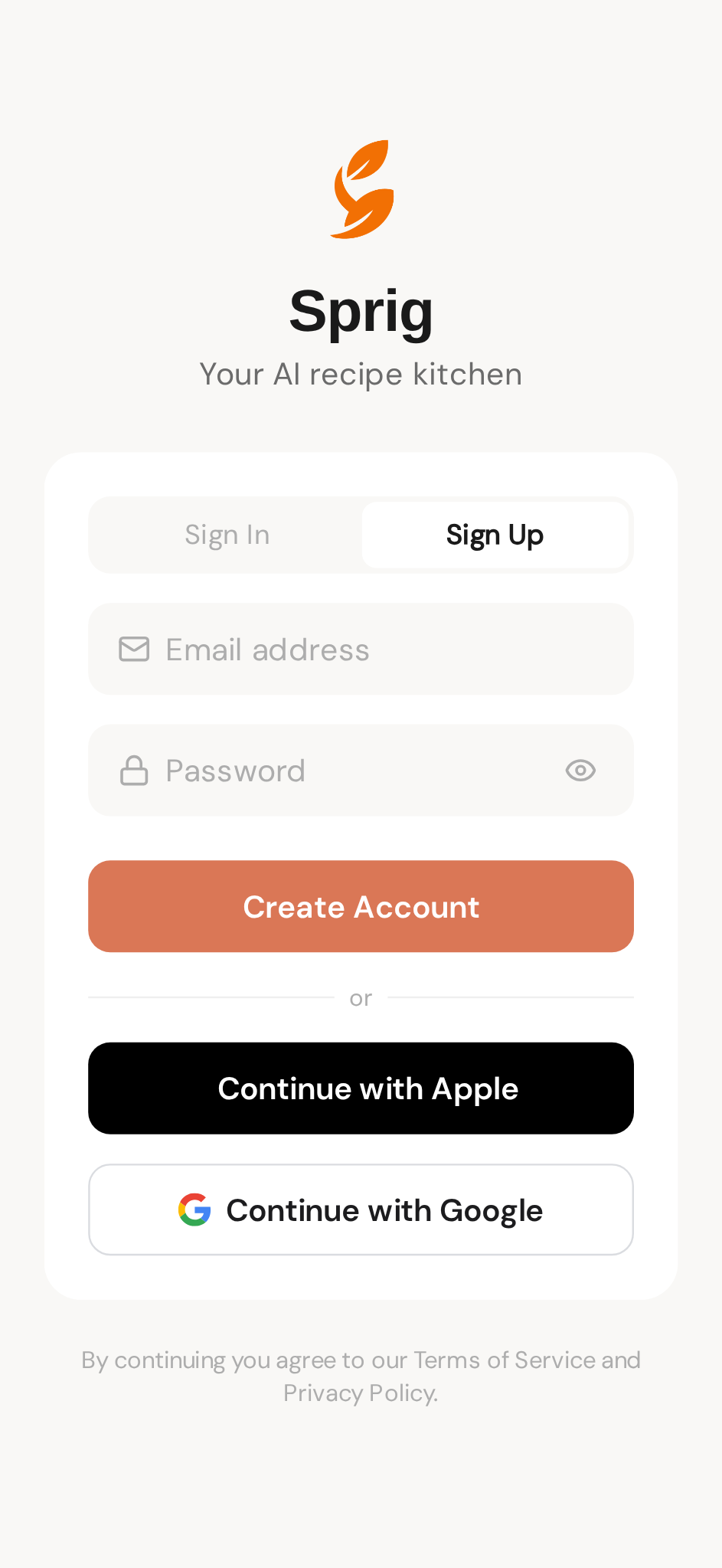 Create your account — email, Google, or Apple all work