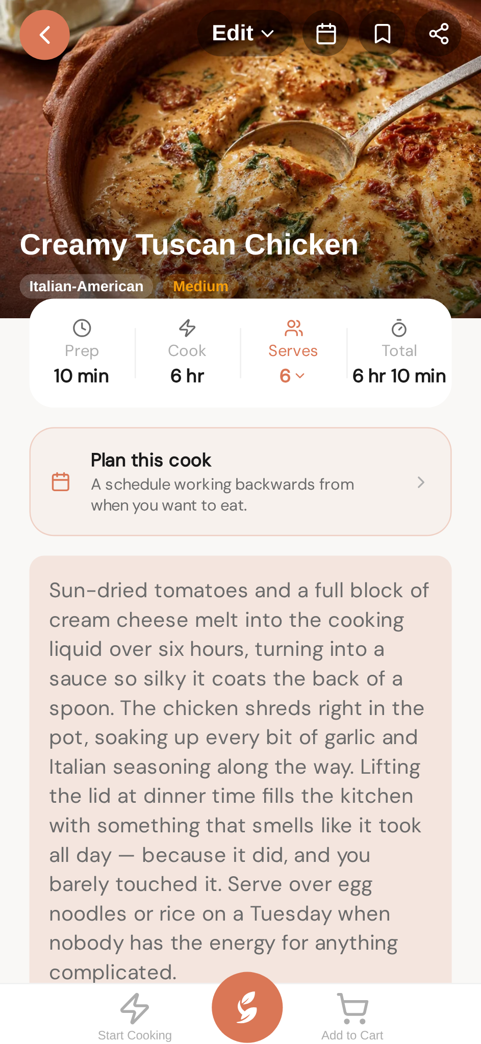 The finished recipe — photo, steps, nutrition, saved to your library