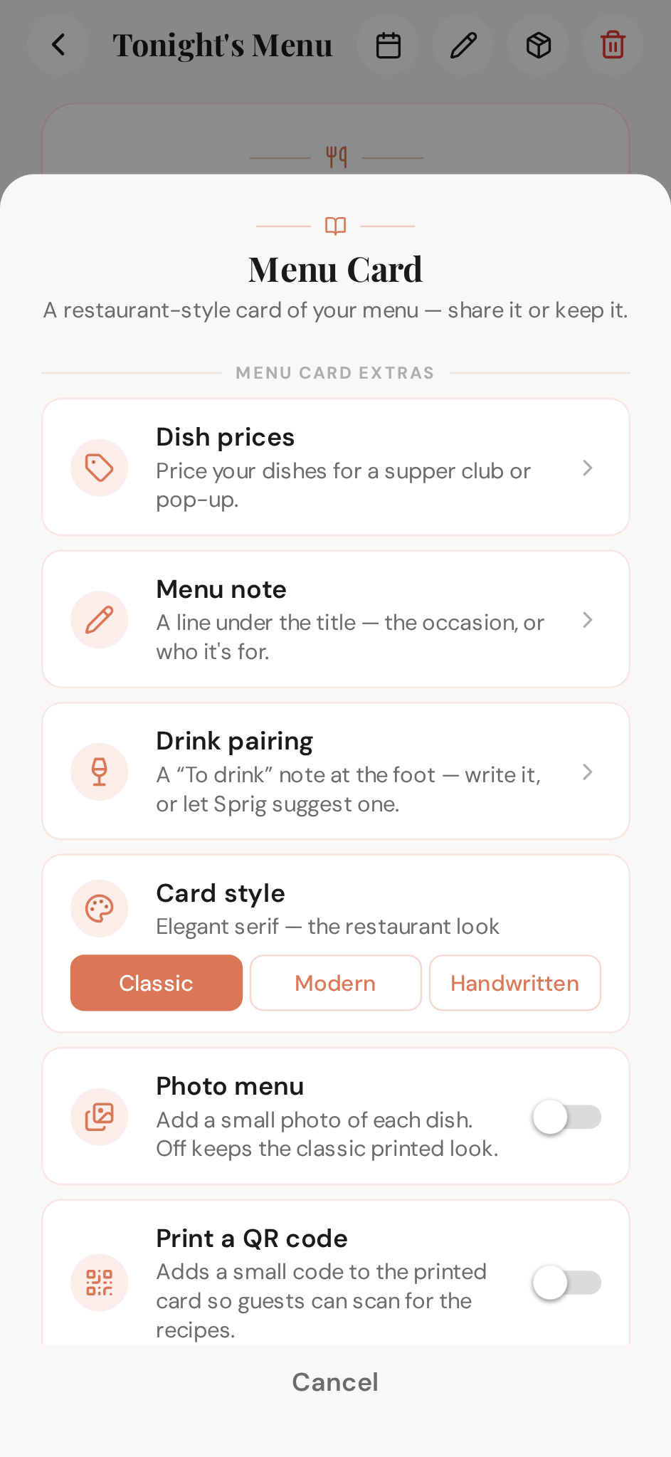 Every export option on one sheet — style, extras, PDF, image